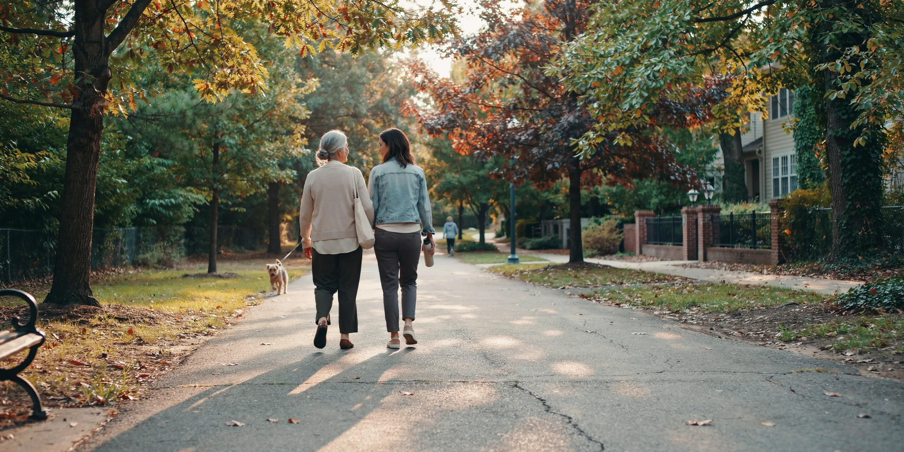 Two generations walking together outdoors