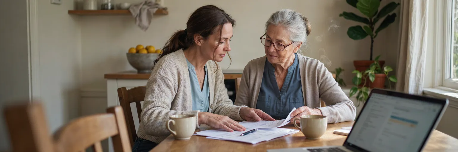 An adult daughter and her mother reviewing care information together at a kitchen table