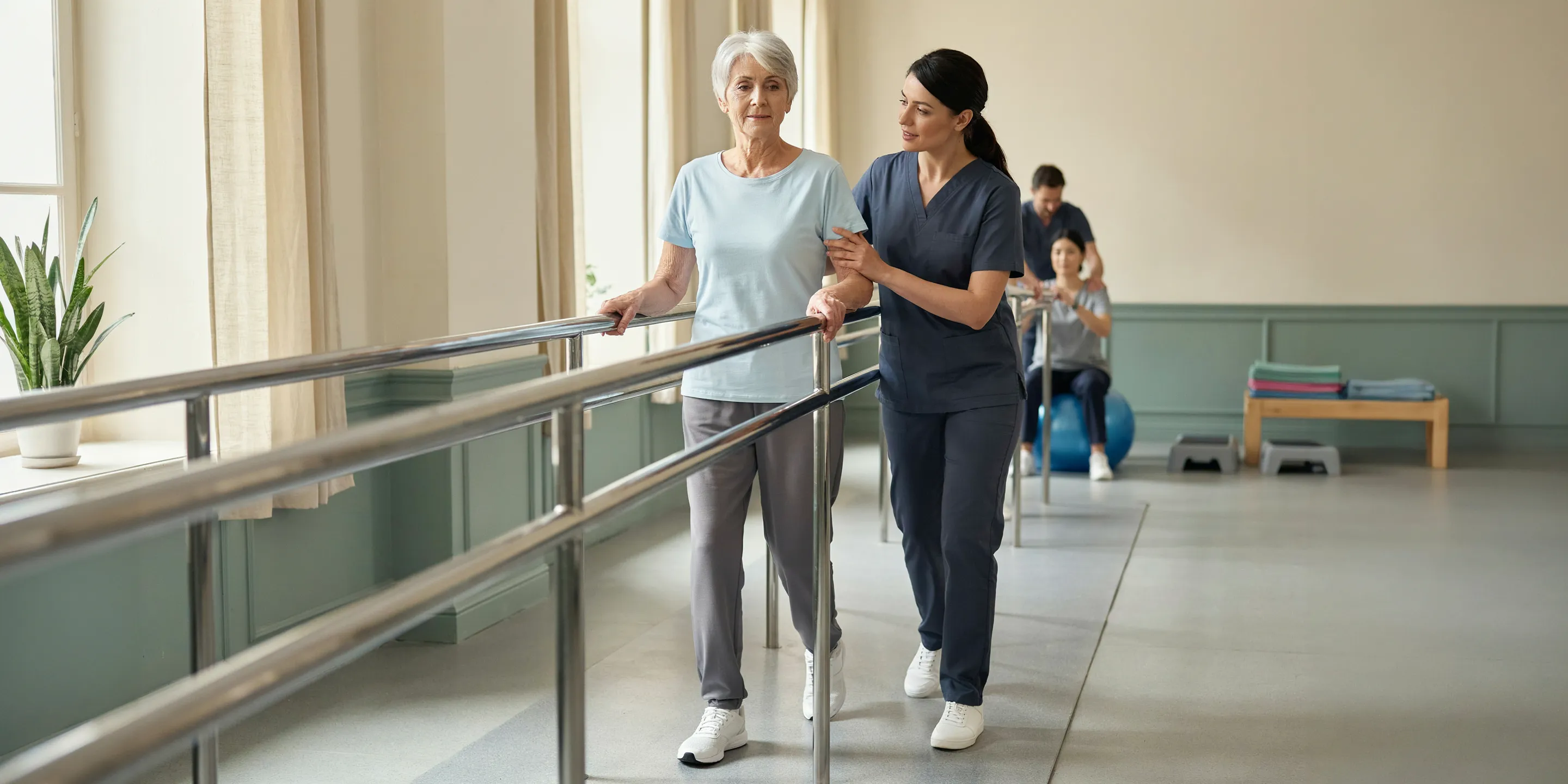 A physical therapist helping an older patient walk during rehabilitation