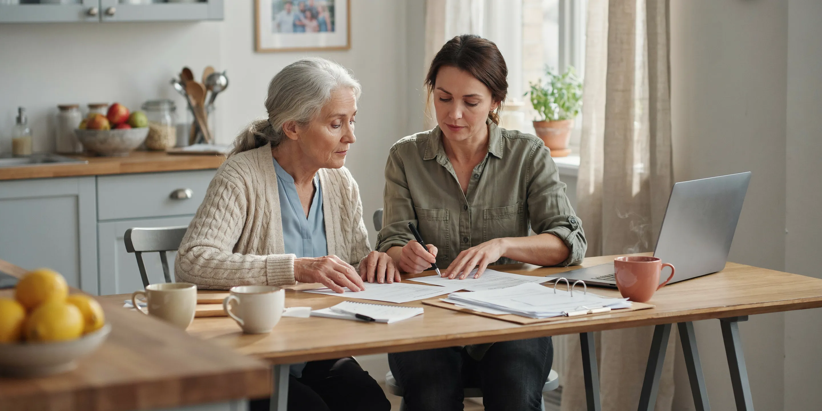 Older adults and a helper at a community information table